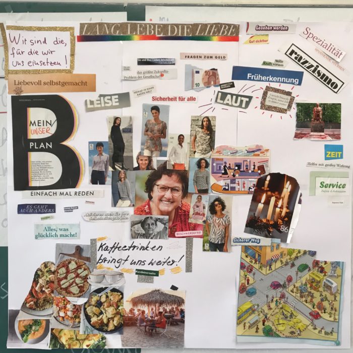 großes Plakat mit Collage, Bilder und Slogans. 