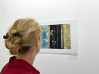 Frau betrachtet ein Werk der Ausstellung Home Between a Shelter and a Cage von Yoav Goldwein